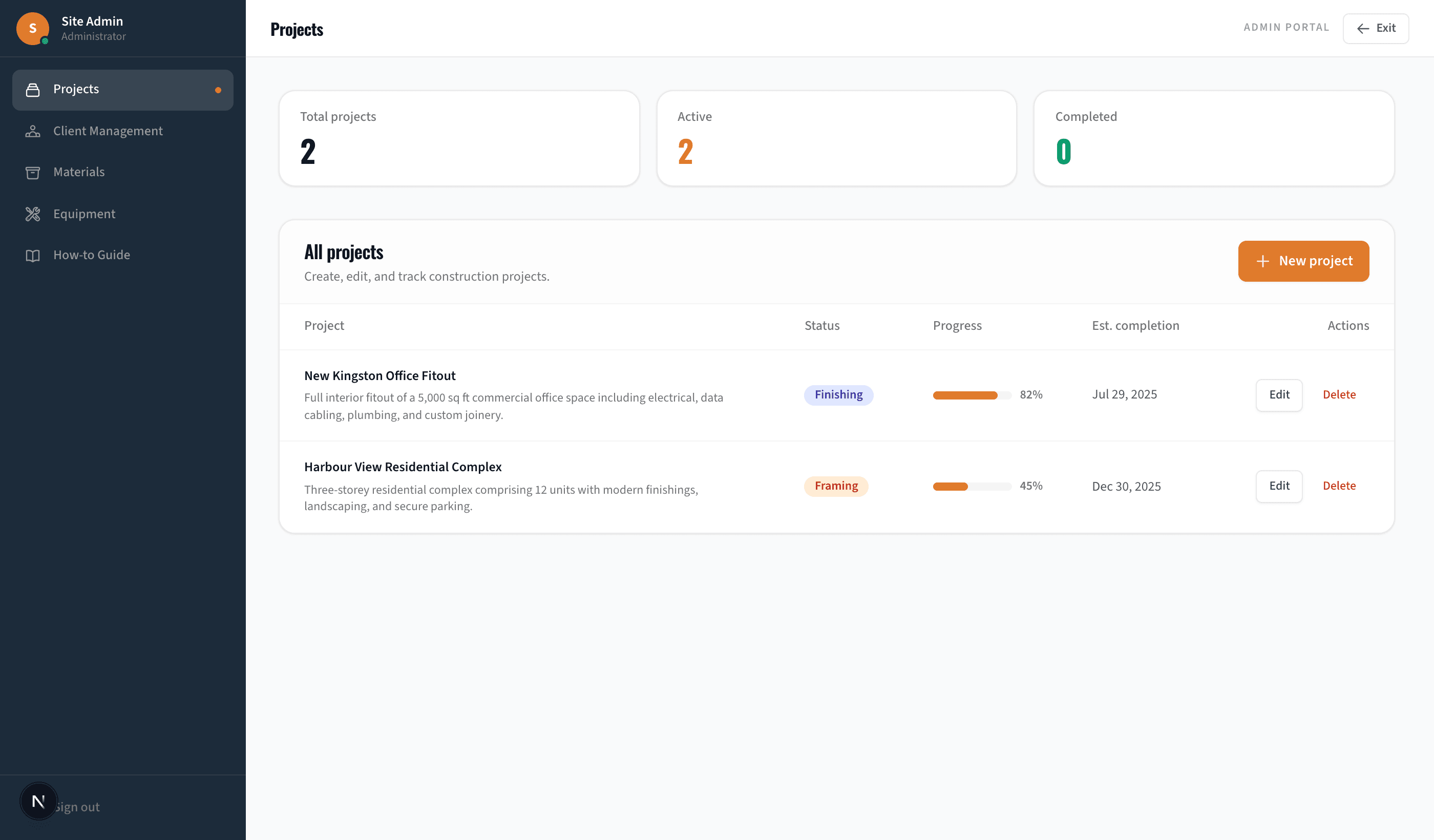 Preview of the admin portal projects overview