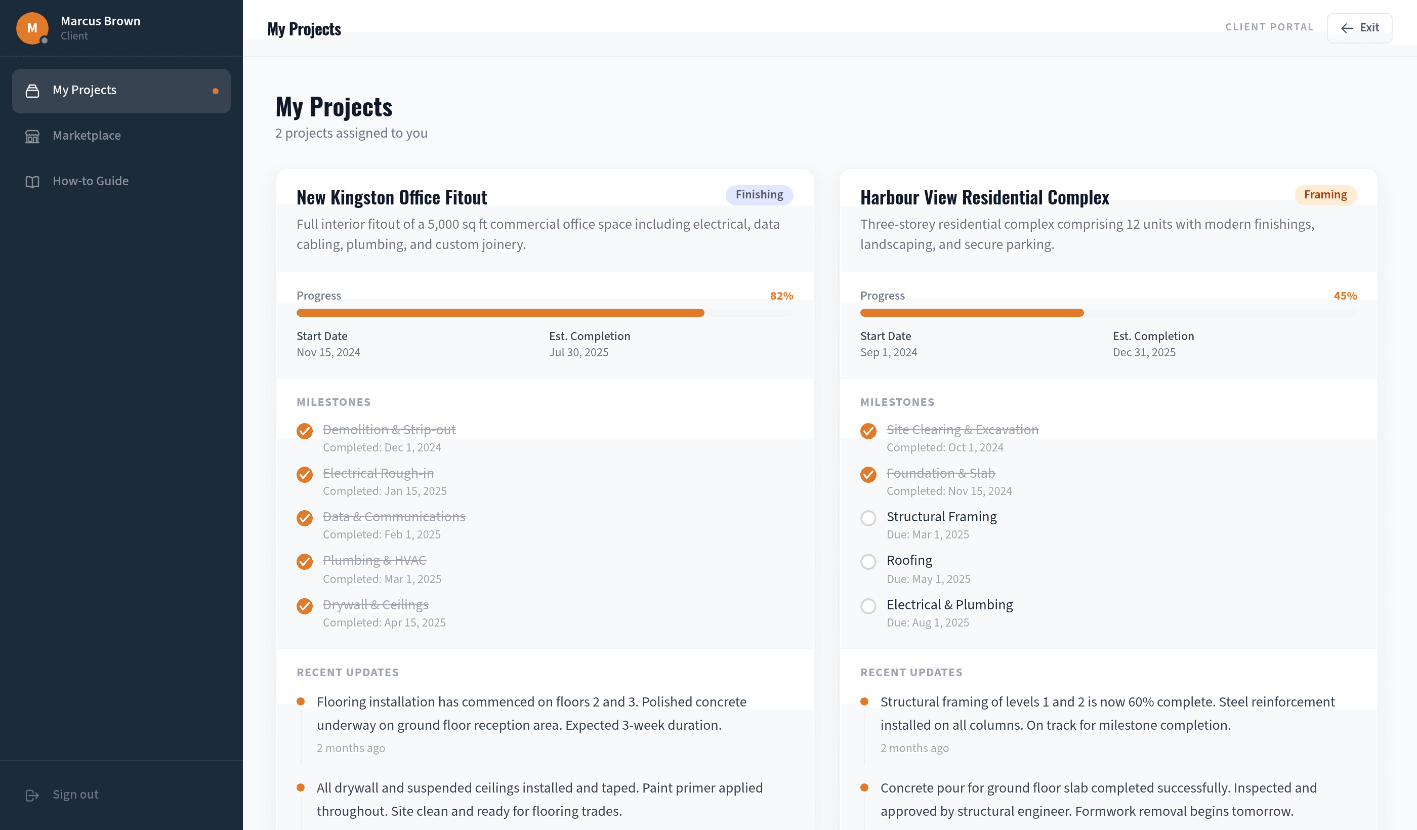 Preview of the client portal projects view